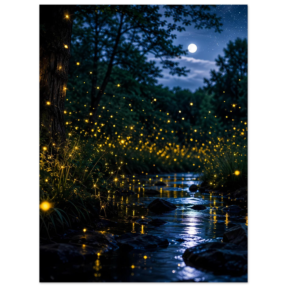 Leuchtendes Feuerfliegen-Nachtposter mit Flusslauf, Bäumen und goldenen Lichtschleiern