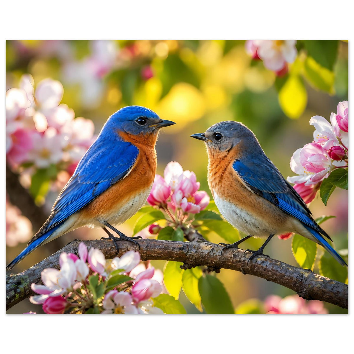 Horizontales Poster: zwei blaue Vögel zwischen rosa Blüten am Zweig