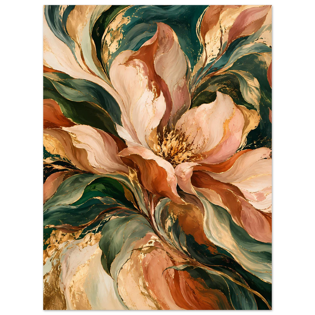 Blumenposter im Hochformat, Pfingstrosenmotiv in Creme, Orange und dunklem Grün