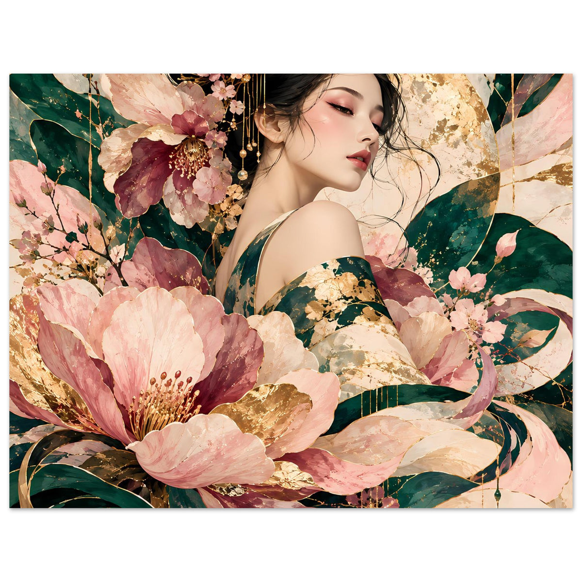 Elegantes florales Poster mit Frau, Blüten in Rosé, Grün und Gold