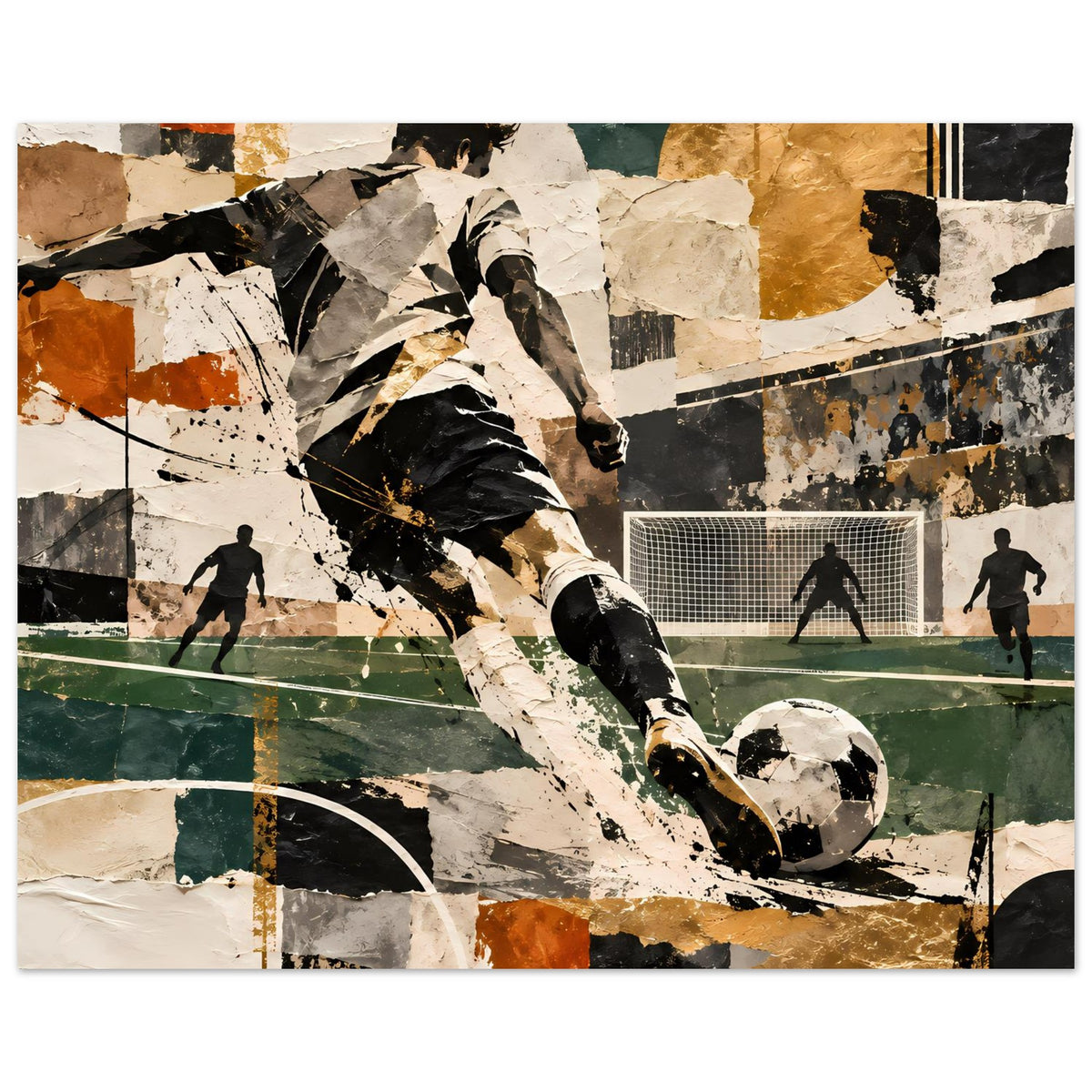 Fußball-Actionposter im Querformat: schwarzer Spieler mit Ball, Tor und Pfosten