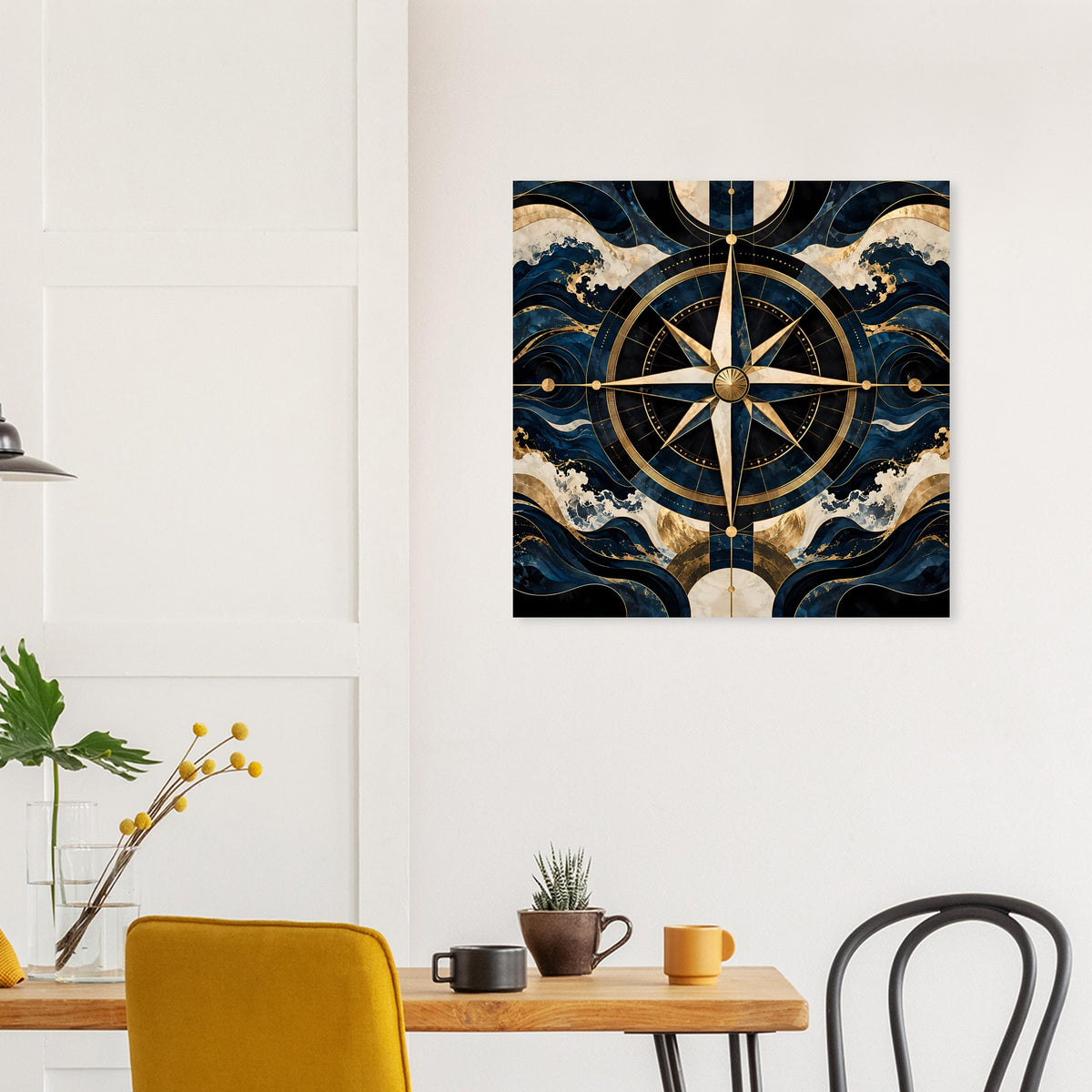Maritimes Navigationsposter mit Kompassrose: goldene Nadel vor blauem Wellenmuster