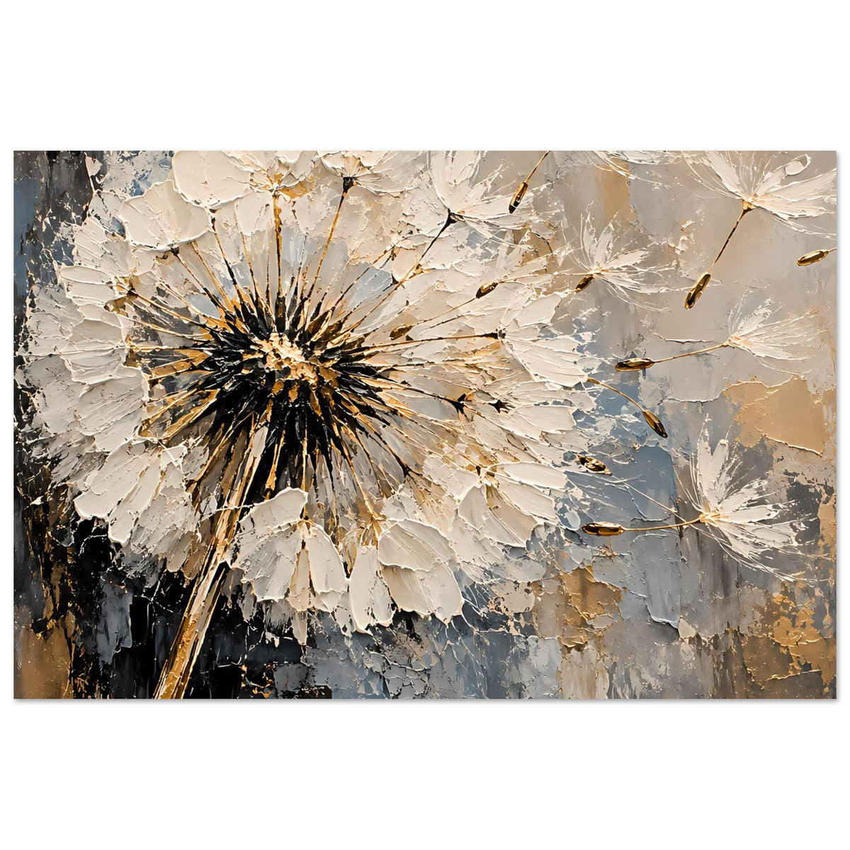 Deko-Poster mit Pusteblume, kontrastreiche Strukturdetails in Blau, Beige, Schwarz, Querformat