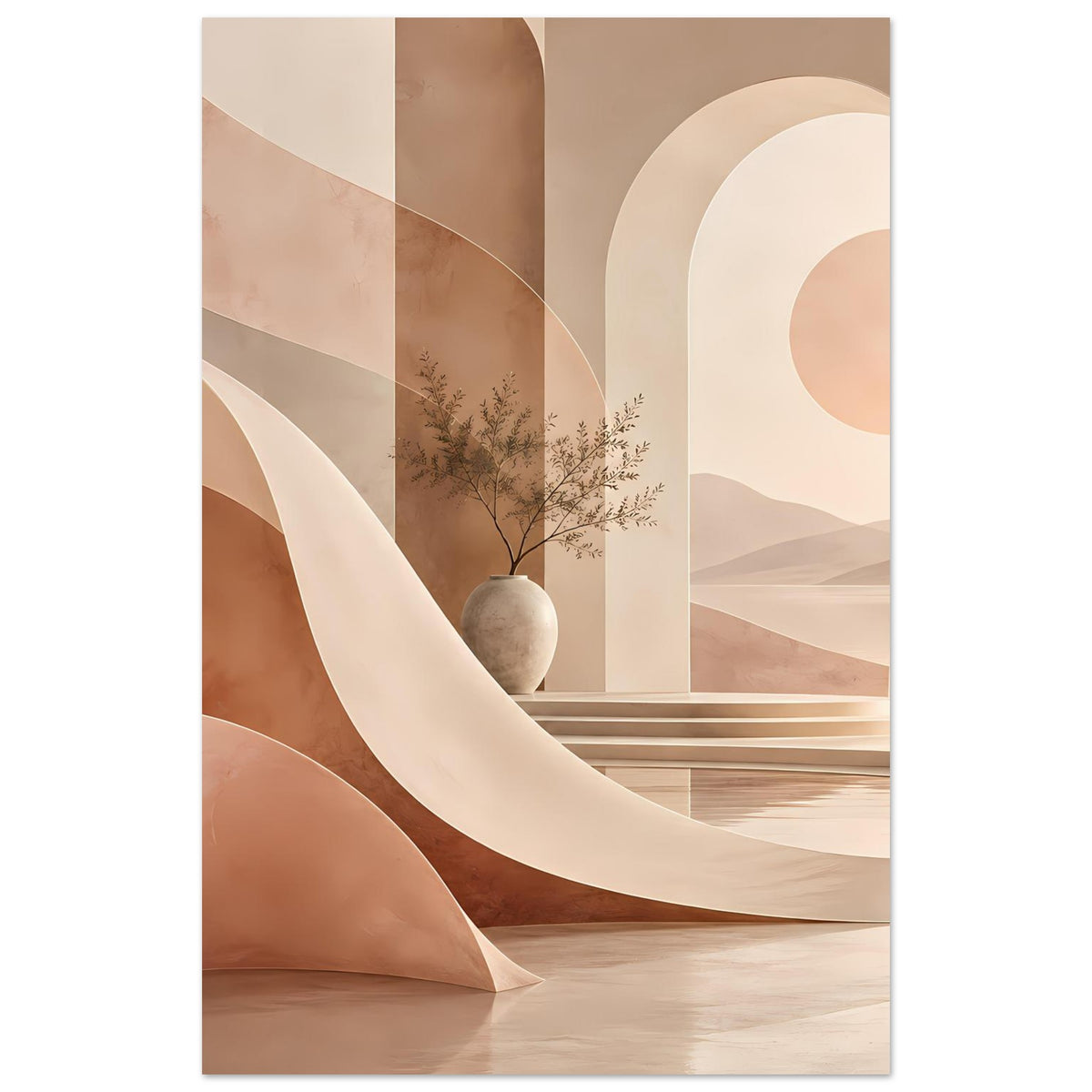 Abstraktes Wandposter mit Torbogen-Formen in Beige und Braun, Vase mit Pflanze, ruhige Kurven