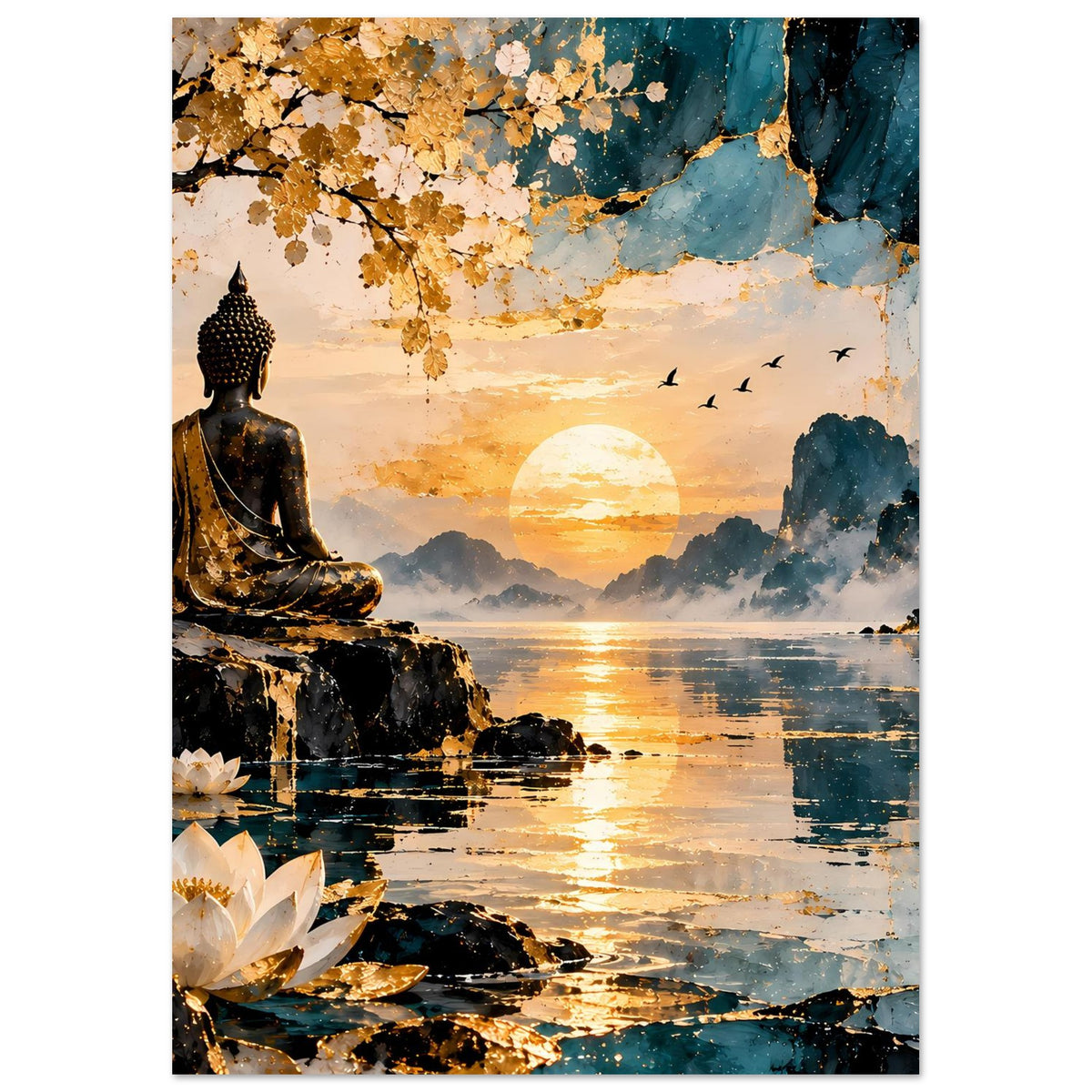 Buddha-Wandposter mit sitzendem Buddha, Sonnenball, Lotusblüten und blauem Himmel