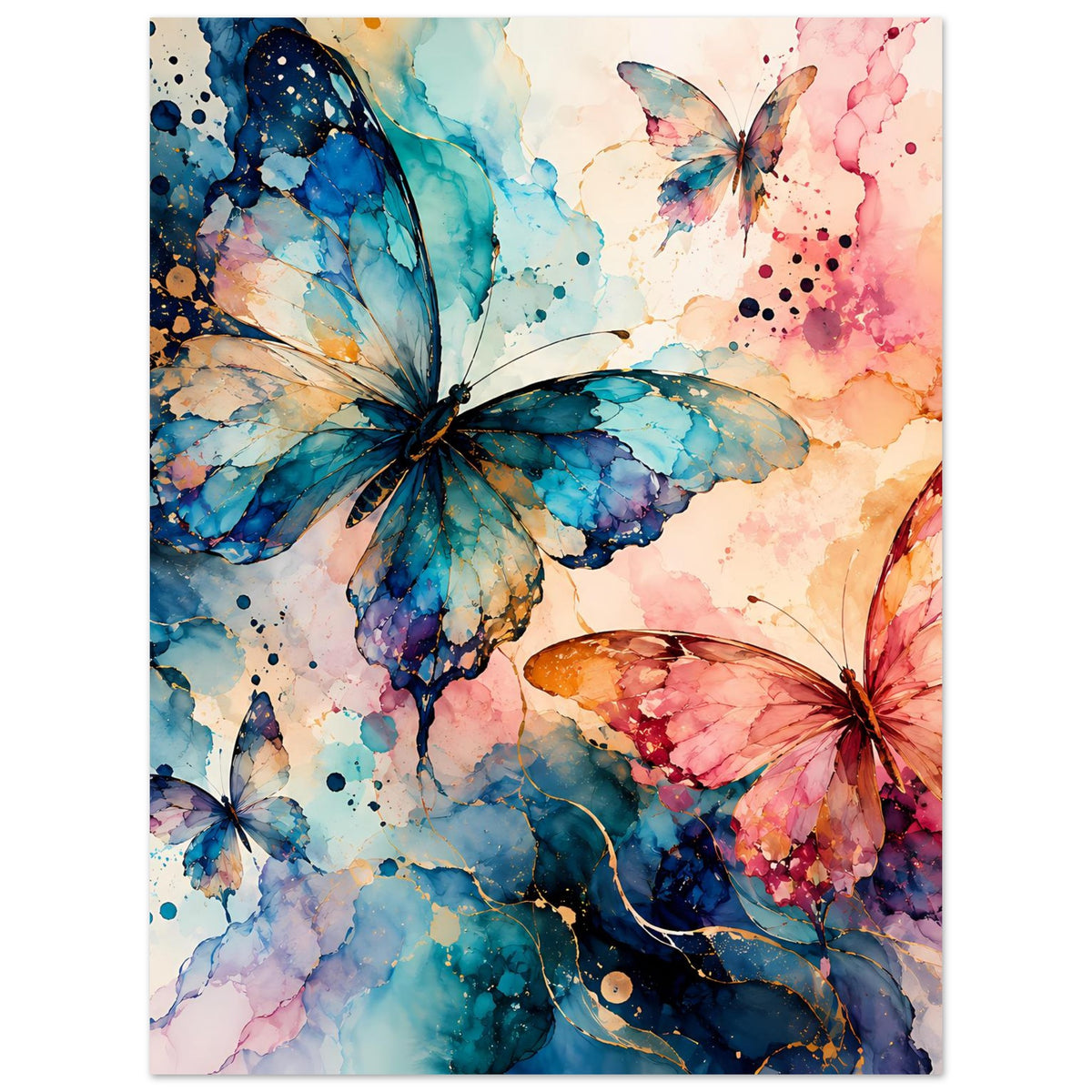 Aquarell-Schmetterlingsposter mit blauem Hauptschmetterling und rosa Farbakzenten, gesprenkelt