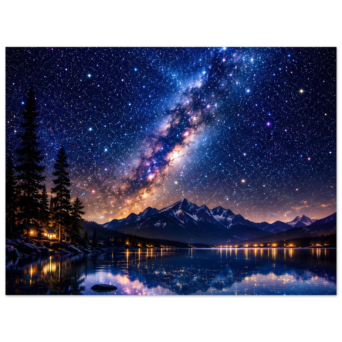 Wandposter mit Milchstraße über Bergsee, spiegelnde Berge und funkelnde Sterne
