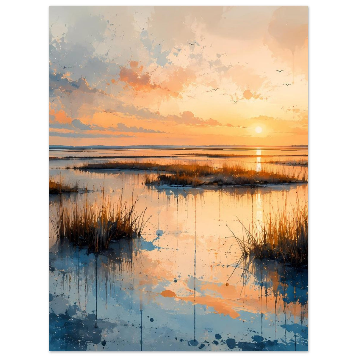 Poster mit Sonnenuntergang über ruhiger Küste, warmen Farben, Spiegelung im Wasser