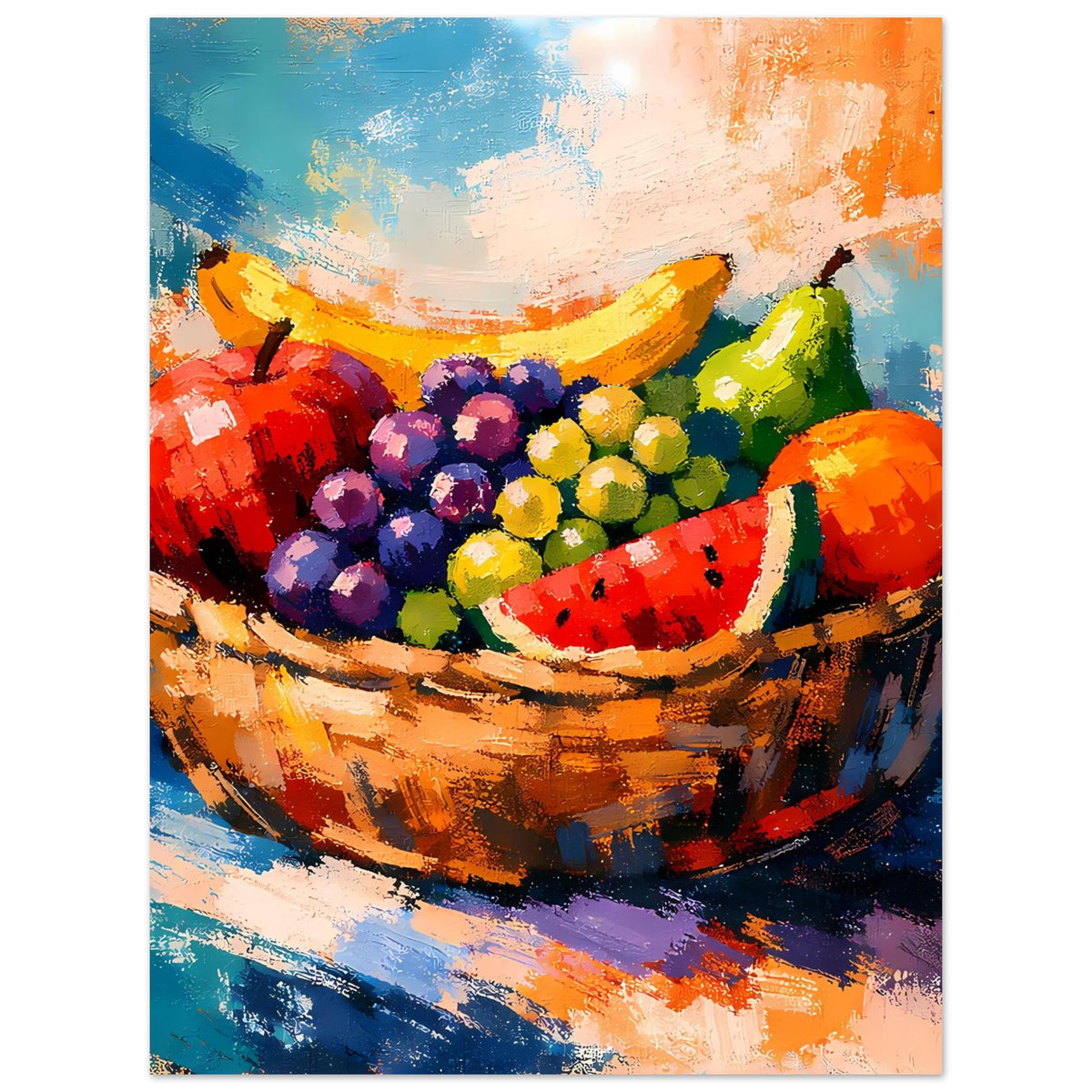 Poster (hochkant) mit Früchtekorb: Trauben, gelbe und grüne Obststücke, Wassermelone