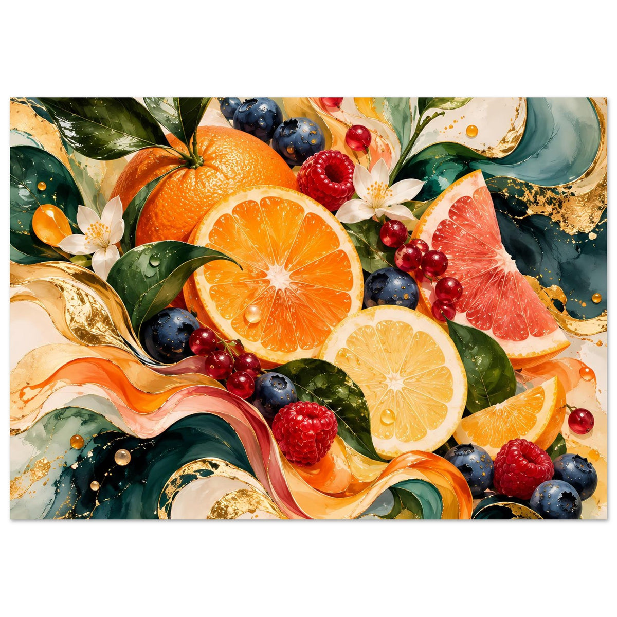 Früchtekunstposter: Orangen, Grapefruit und Zitronen mit roten und blauen Beeren sowie Blättern