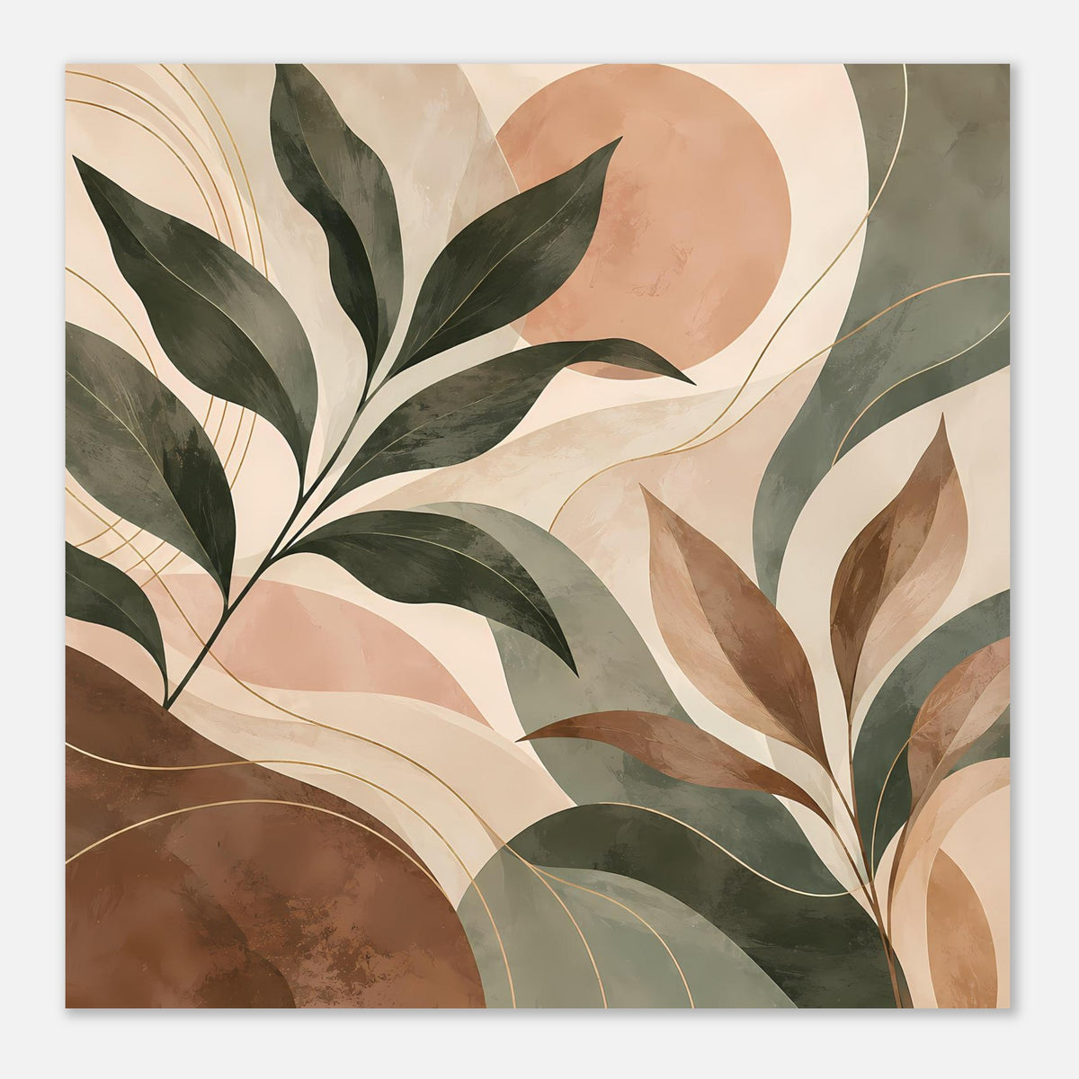 Kunstposter mit abstrakten Naturformen in gedeckten Farben, Blätter und feine Linien