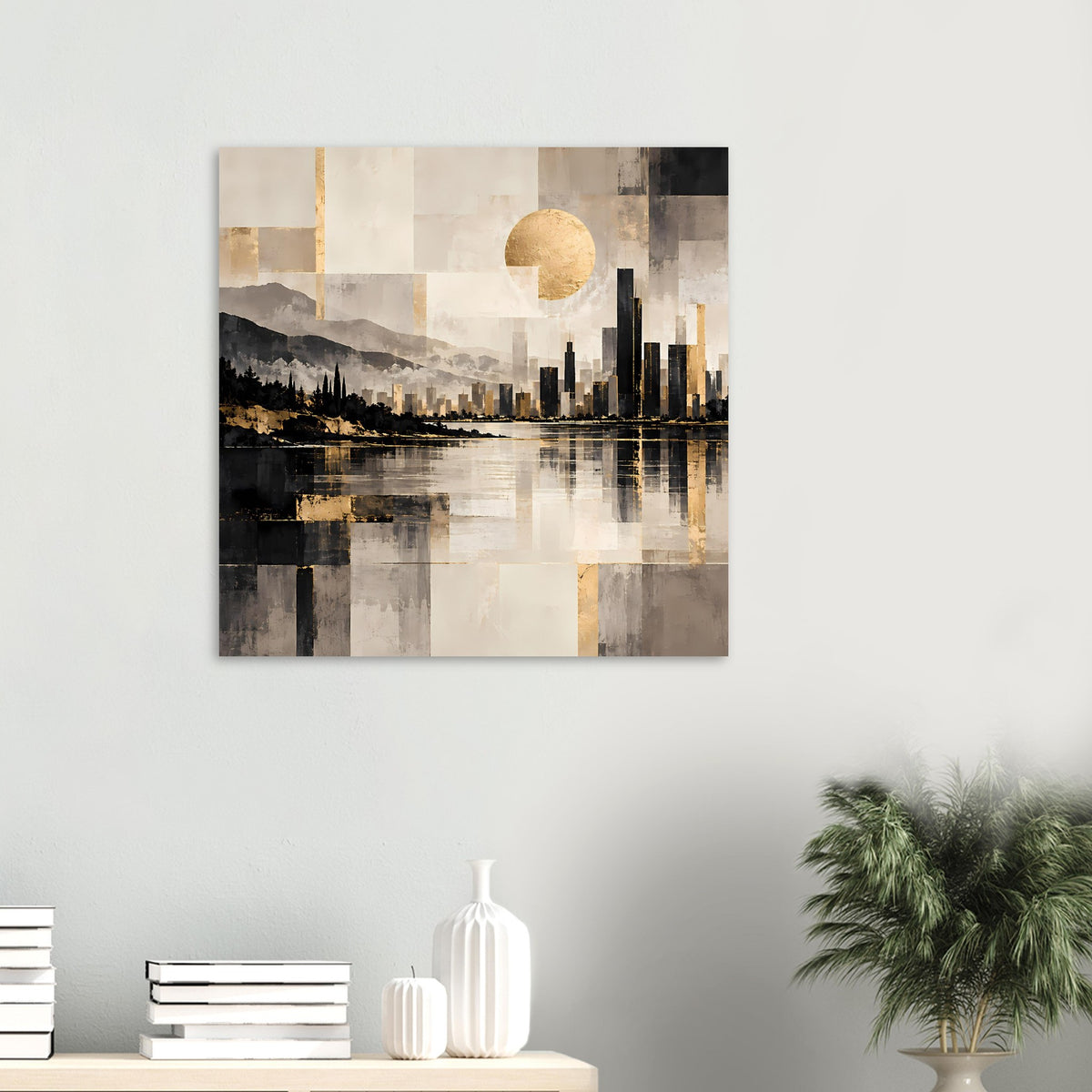 Kleines Poster mit goldenen Akzenten, Stadt-Skyline, Flussreflexion und abstrakten Flächen