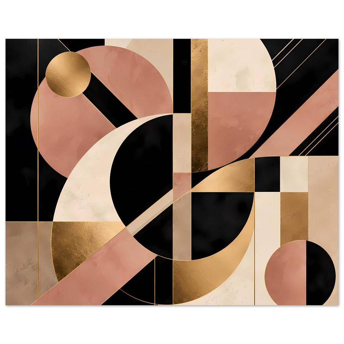 Art-Deco-Wandposter mit geschwungenen Linien, Kreisen und Golddetails in Schwarz/Blush