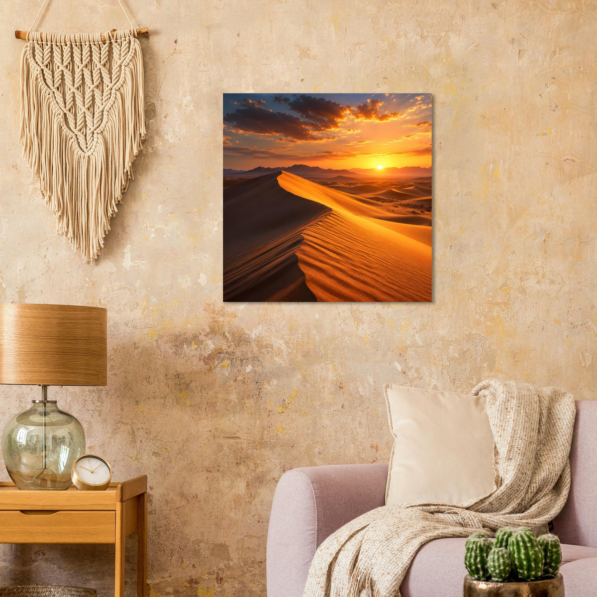 Quadratisches gerahmtes Wandposter: orangefarbene Dünenlandschaft bei Sonnenuntergang