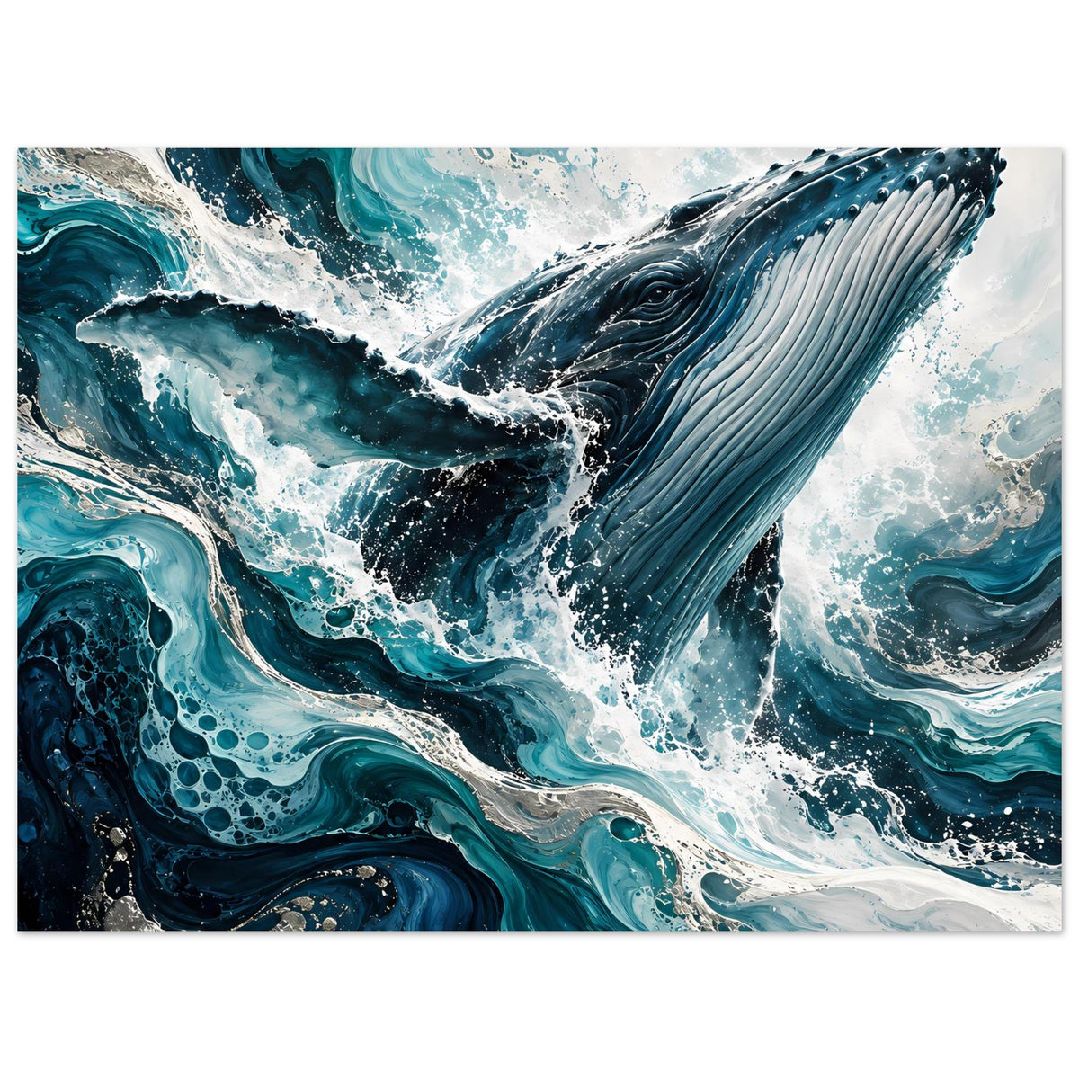 Horizontales Kunstposter mit Walfluke und aufschäumenden Meereswirbeln in Türkis