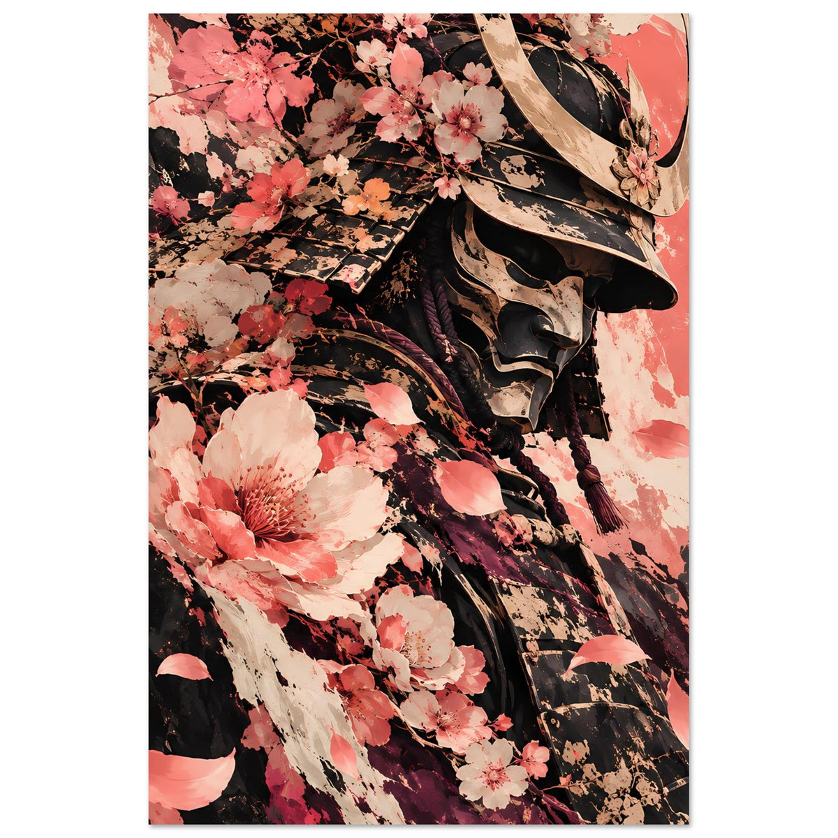 Hochformat-Poster mit Samuraihelm und Kirschblüten, kontrastreich in Rosa und Schwarz
