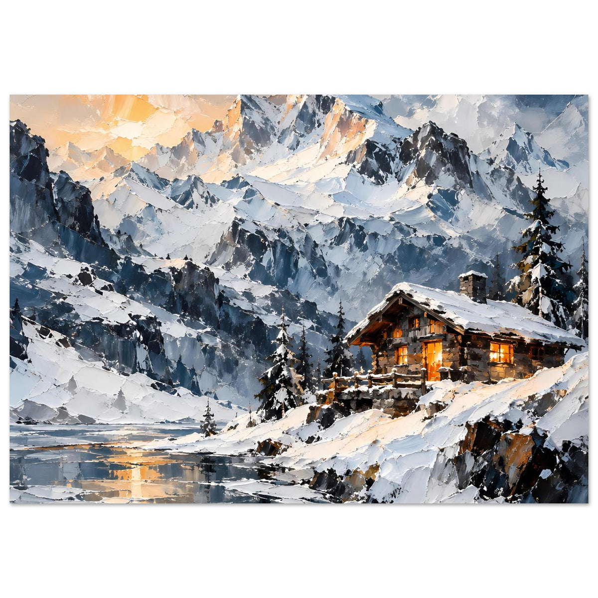 Querformat-Poster: verschneite Alpenlandschaft mit Berghütte rechts und warm leuchtenden Fenstern