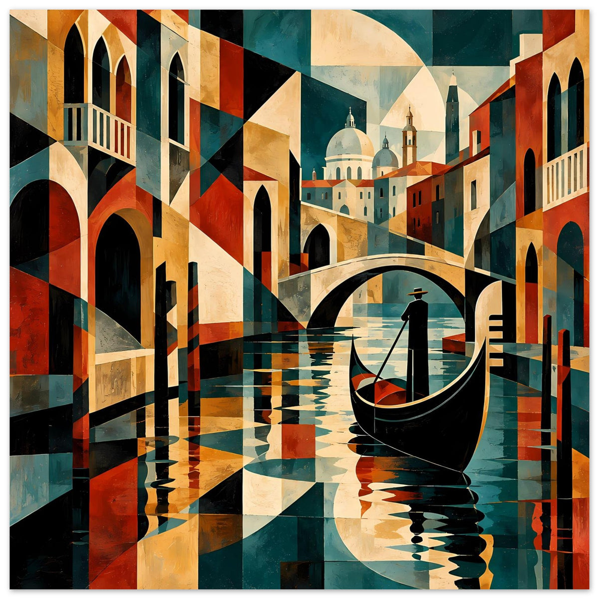 Poster mit abstrakten Rechtecken und Venedig-Kanal, schwarze Gondel, Brücke und farbige Fassaden.