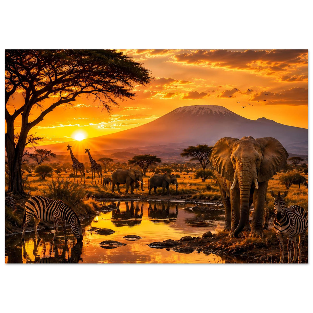 Querformat-Poster mit Elefant und Zebras, Spiegelung im Wasser bei Sonnenuntergang