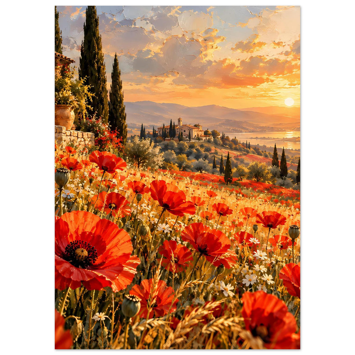 Poster im Hochformat: roter Mohn, Landschaftstal und untergehende Sonne
