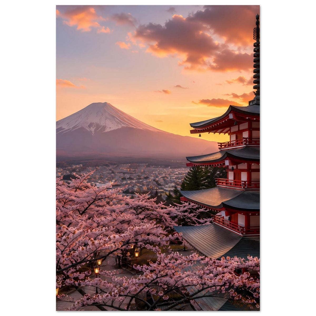 Hochformatiges Poster mit Kirschblüten, Mount Fuji und rotem Pagodengebäude