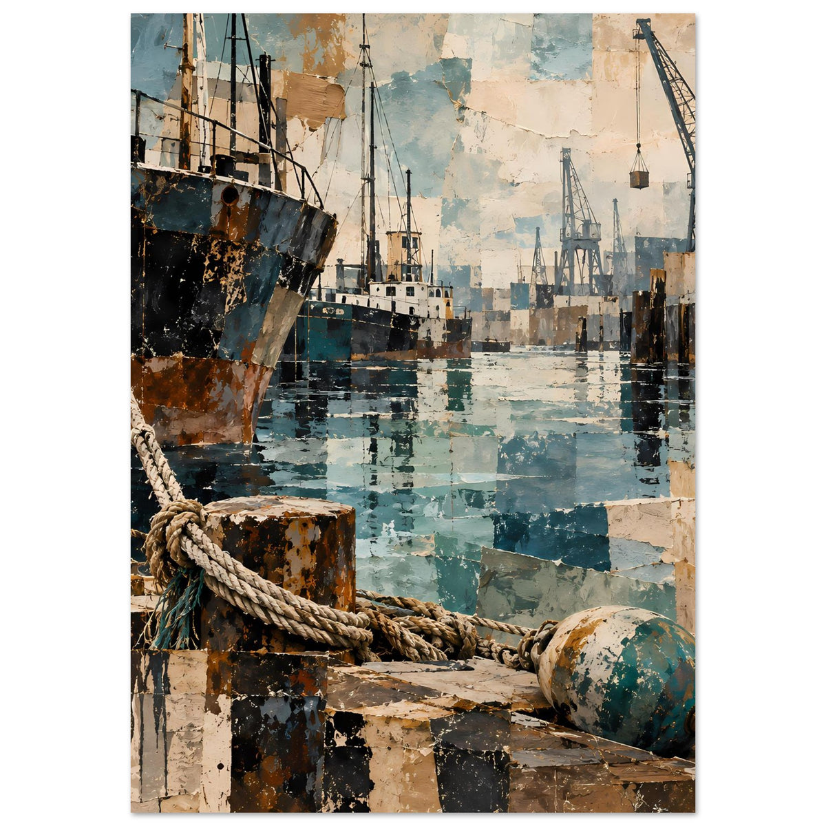 Maritimes Poster mit maritimem Hafen: Schiff, Seilstrang am Pfosten und Schiffskräne