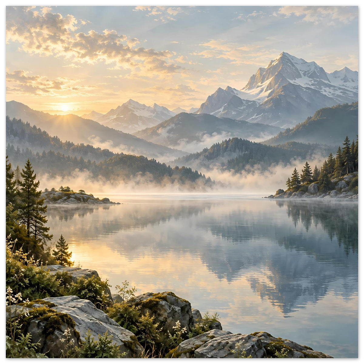 Landschaftsposter mit Bergen, Nebel über dem Wasser und reflektierender Seeoberfläche