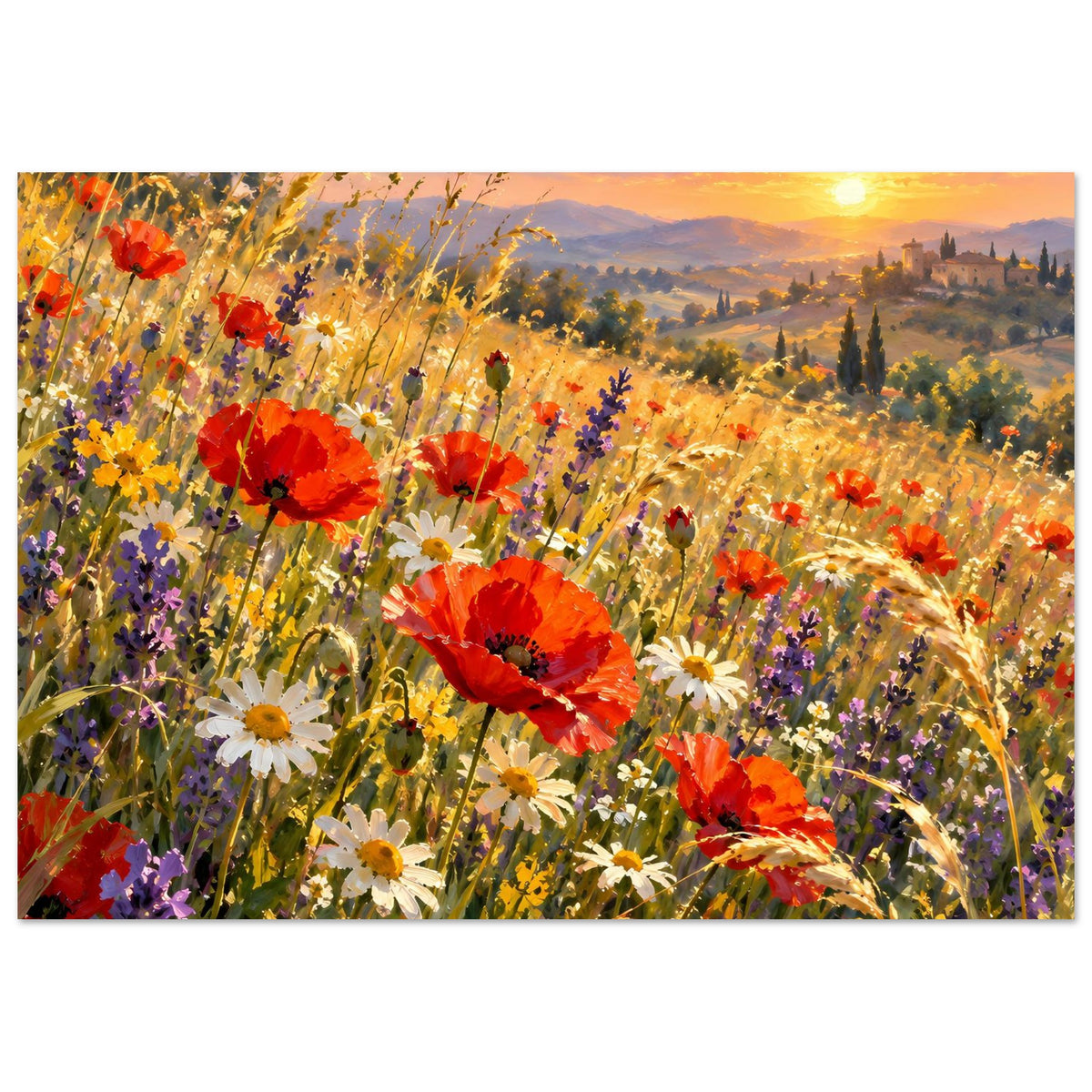 Querformatiges Poster mit Wildblumen, roten Mohnblüten und orangefarbenem Sonnenuntergang am Horizont