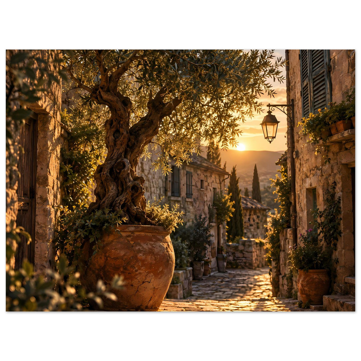 Sonnenuntergang-Poster: Große Terrakotta-Topfpflanze, warmes Abendlicht und Häuserfluchten