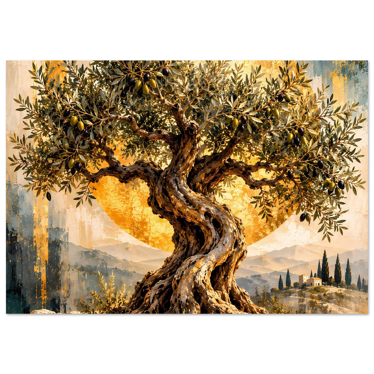 Poster mit Olivenbaum, goldenen Früchten und weit ausladender Krone, warm beleuchtet