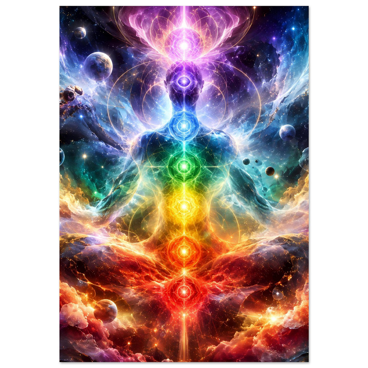 Vertikales Meditationsposter mit buntem Chakren-Energiefluss und Planeten im Hintergrundgrafik
