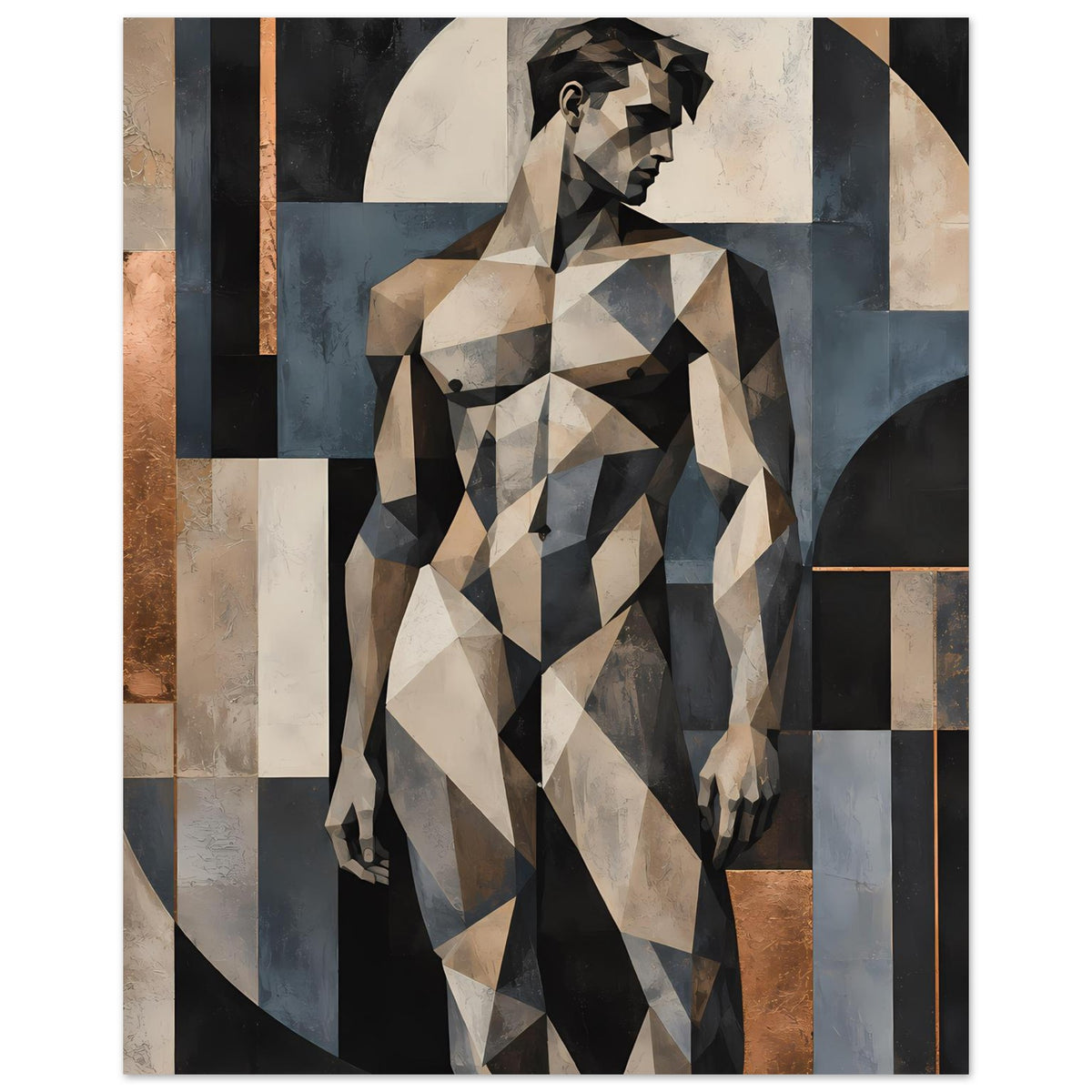 Kunstposter mit geometrischer Aktfigur im Profil, warme Erdtöne, beige schwarze und blau-graue Dreiecke