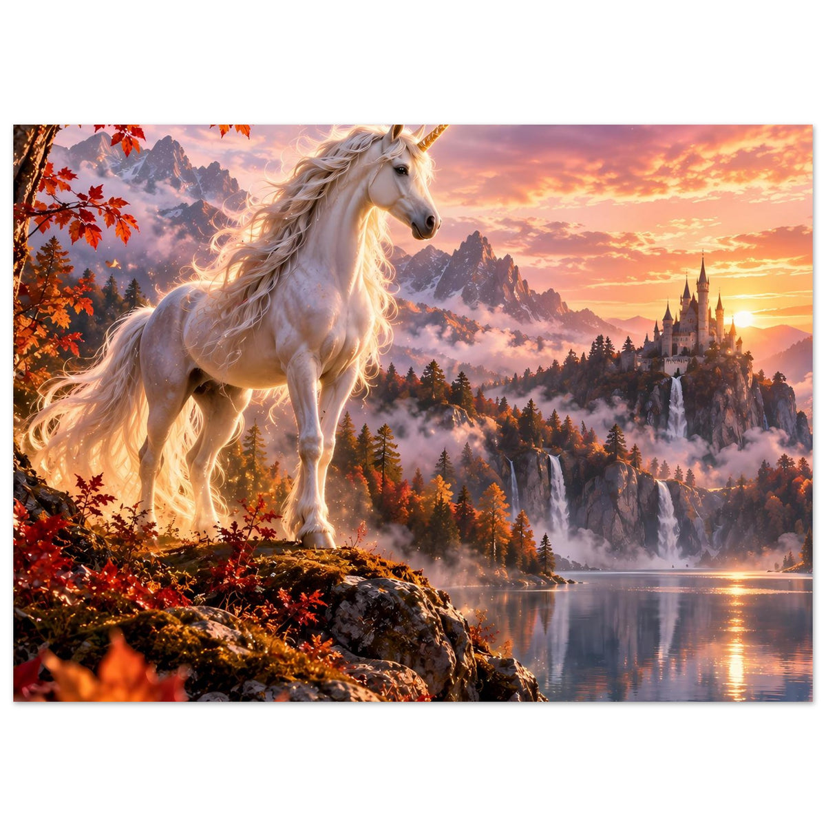 Querformat-Fantasyposter: weißes Einhorn auf Felsen, Flussblick, Herbstlaub und Schloss