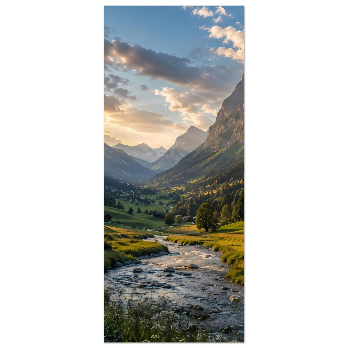 Vertikales Poster mit Bergtal, Bachlauf und Abendhimmel über grünem Wiesenhang