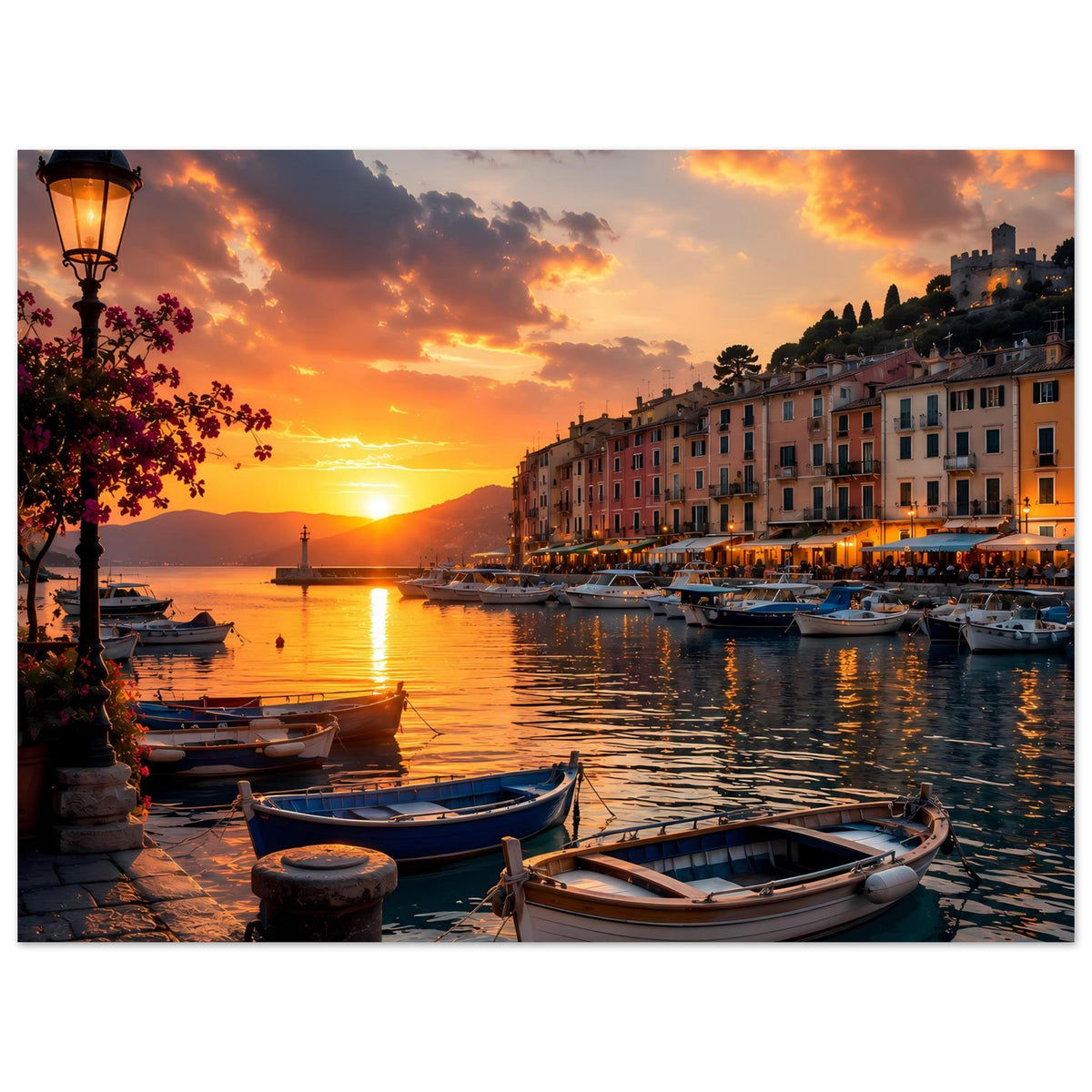 Poster mit Sonnenuntergang im Hafen: Boote am Wasser, Häuserfronten und Straßenlaterne