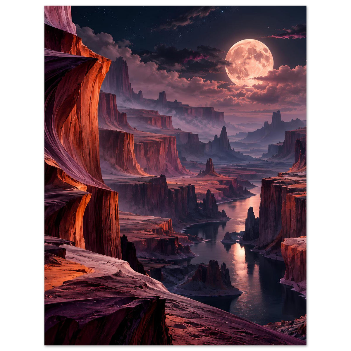 Landschaftsposter mit Mondsichel am Himmel, Canyon-Tal mit Fluss und schroffen Felswänden