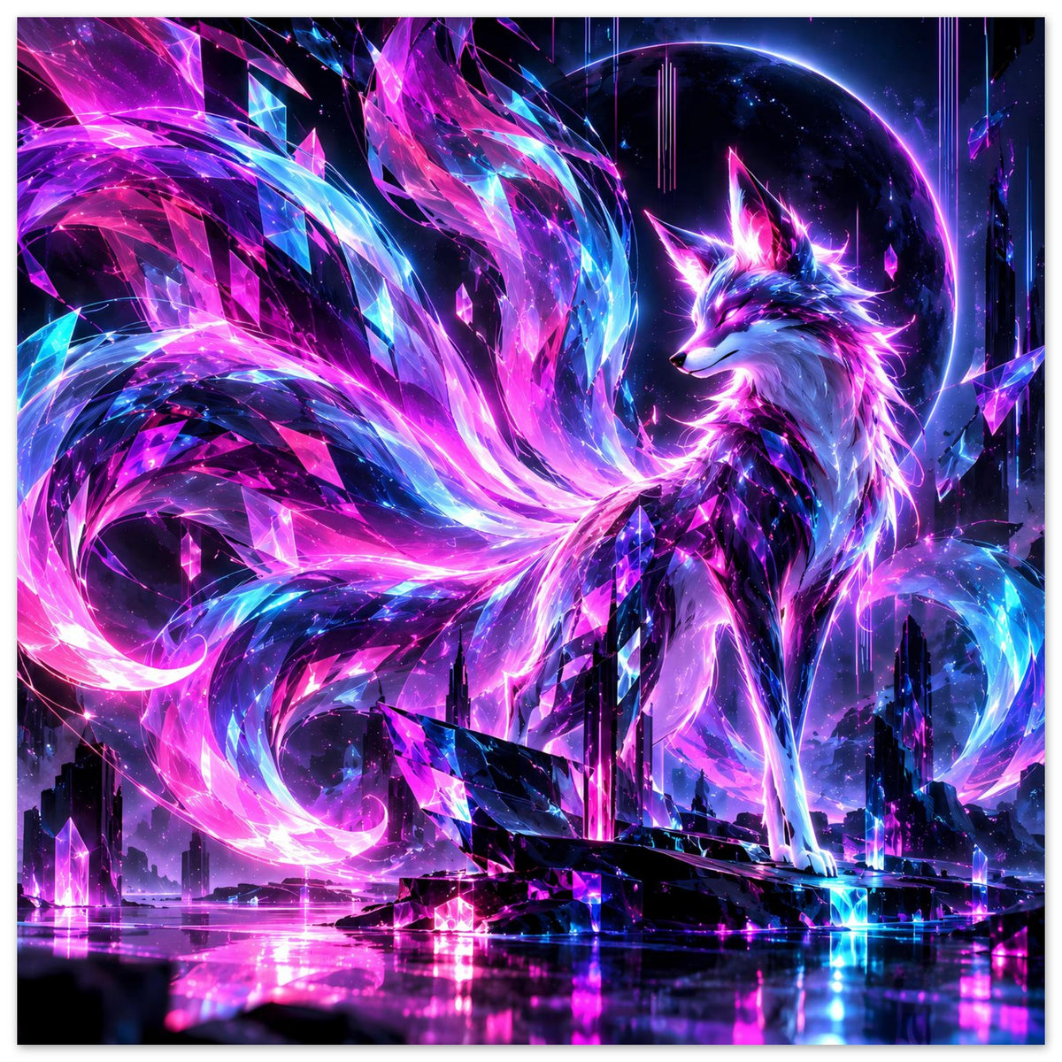 Leuchtendes Neon-Fuchs-Fantasy-Poster, horizontales Motiv mit türkis-pinkem Funkeln und Fuchs