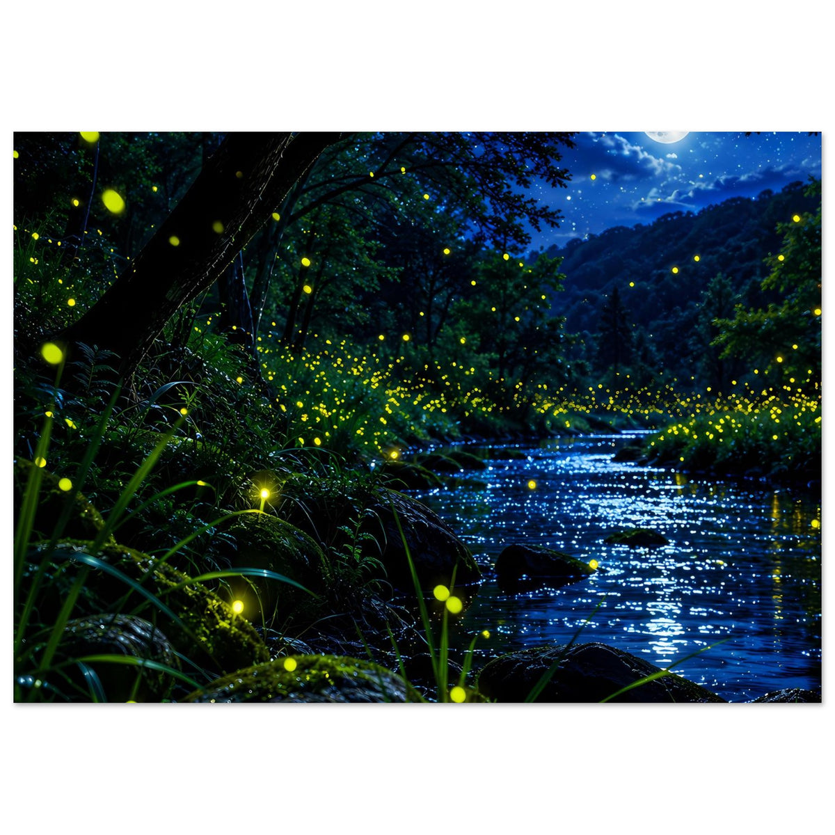 Nachtwald-Poster, Fokus auf Glühwürmchen am Fluss, Wipfel, Waldhügel und Vollmond