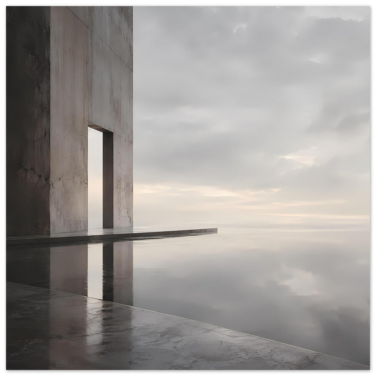 Architektur-Poster im Hochformat: Betonsäule links, reflektierender Boden bis zum Horizont