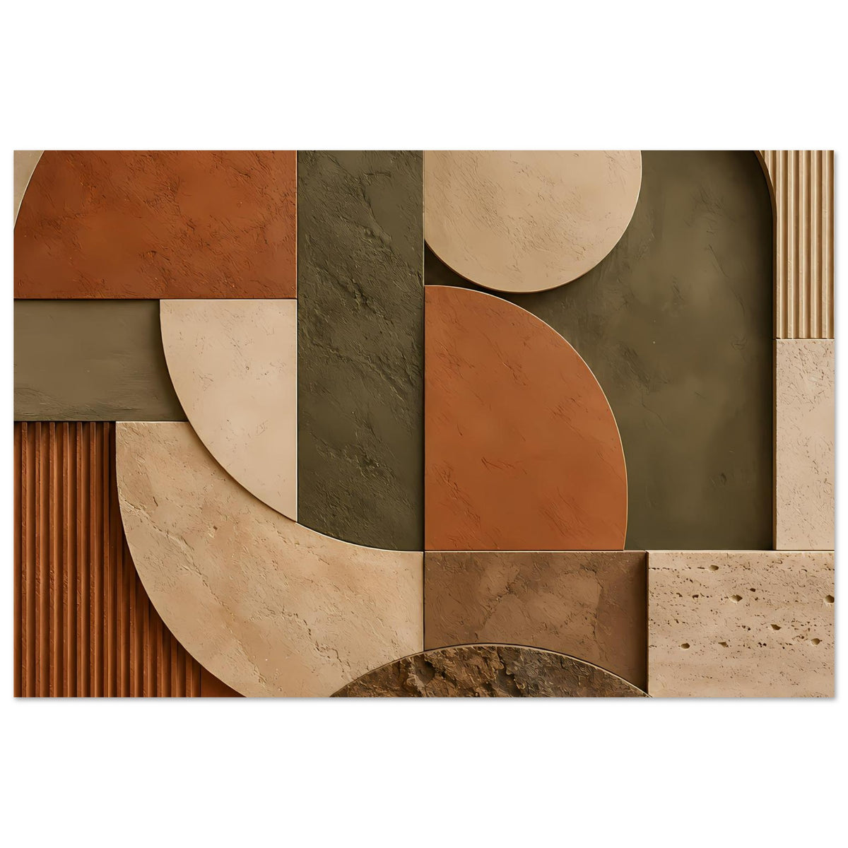 Erdfarbenes geometrisches Abstraktposter mit geometrischen Blöcken und Kreisformen, Querformat