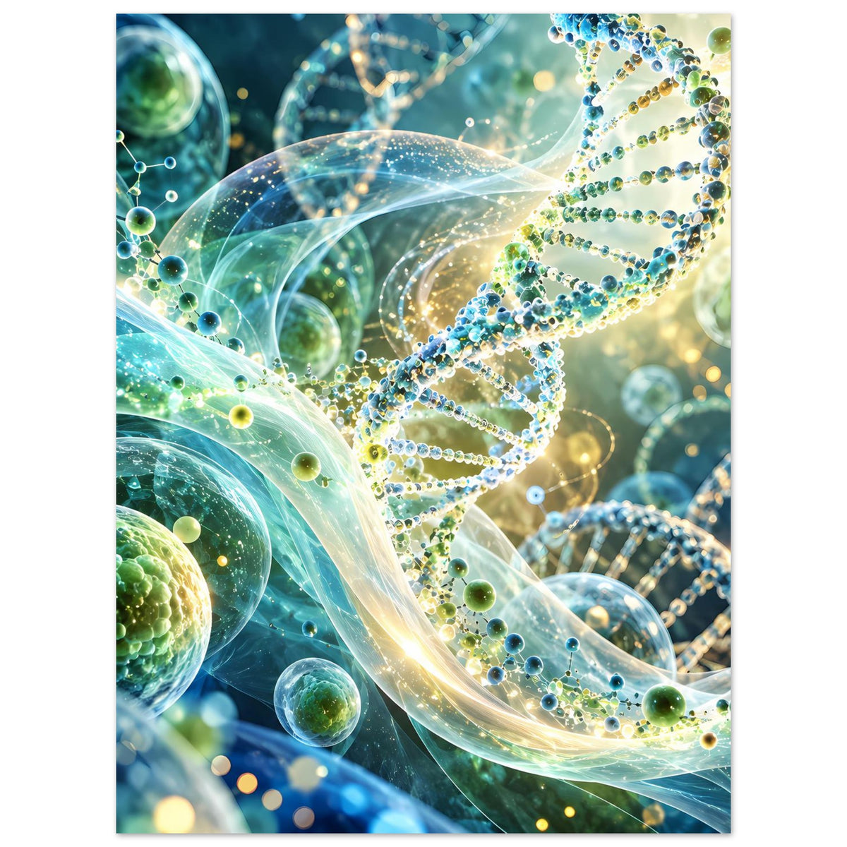 Biotechnologie-Poster mit DNA-Doppelhelix, schimmernden grünen Kugeln und feinen Verbindungsstegen