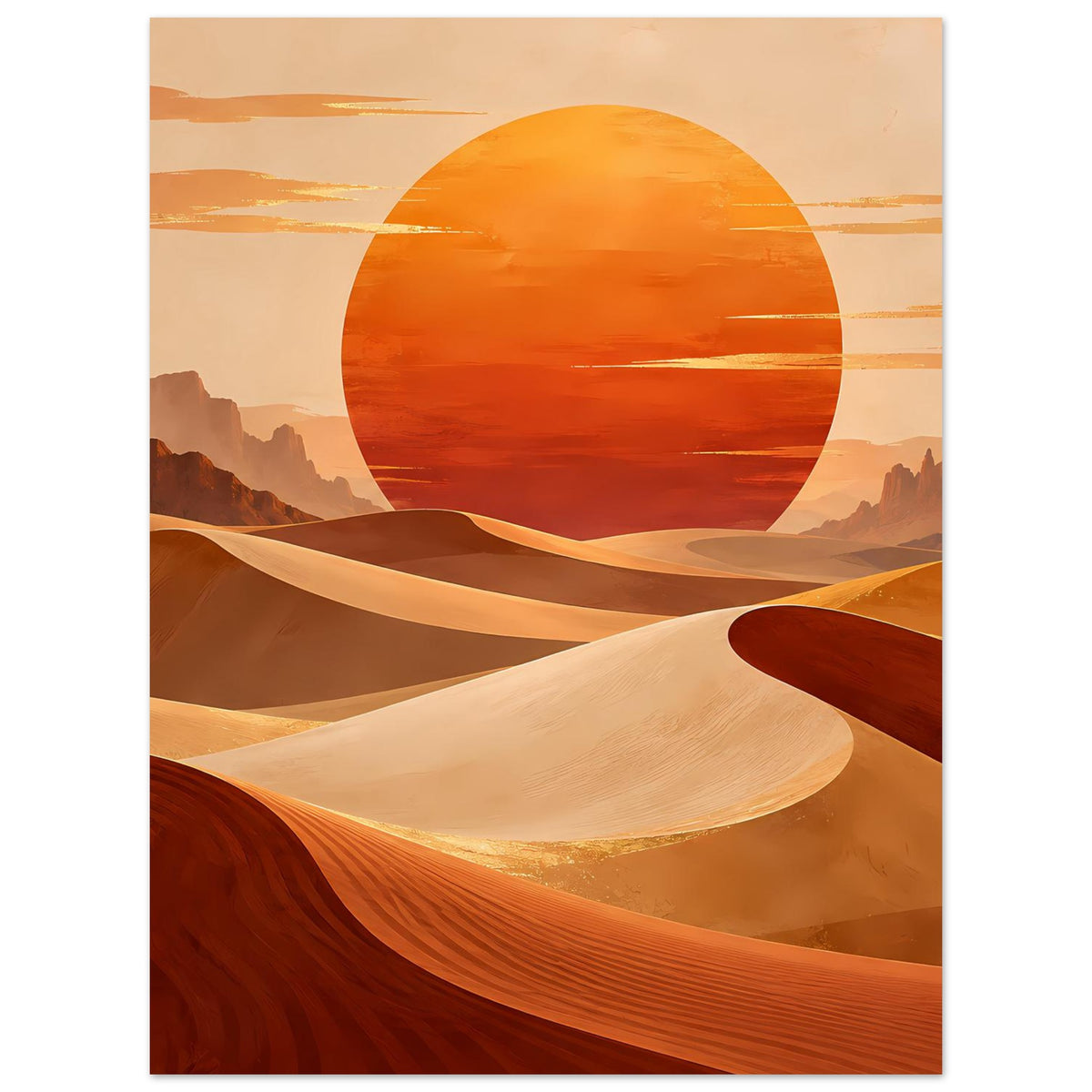Vertikales Poster mit Wüste: orange Sonnenkreis, helle Sanddüne und rote Dünenkanten
