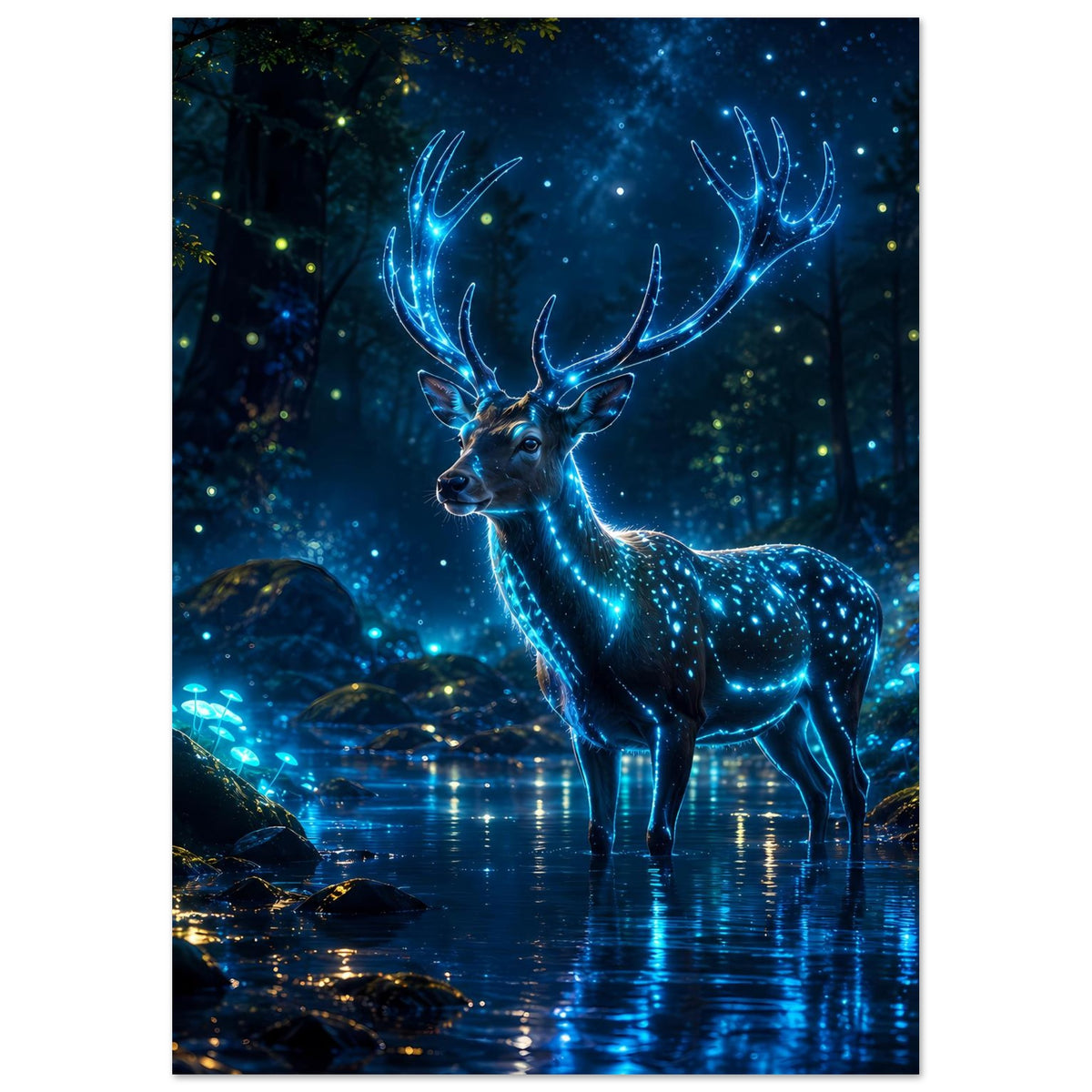 Poster mit leuchtendem Hirsch, blau leuchtende Flecken im Fell, Vorderansicht