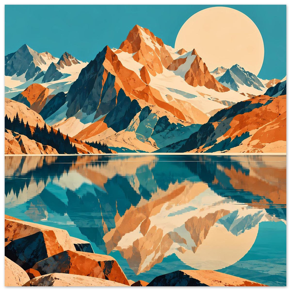Naturposter mit Bergpanorama und Spiegelung im See, runde Sonne, Blau und Orange