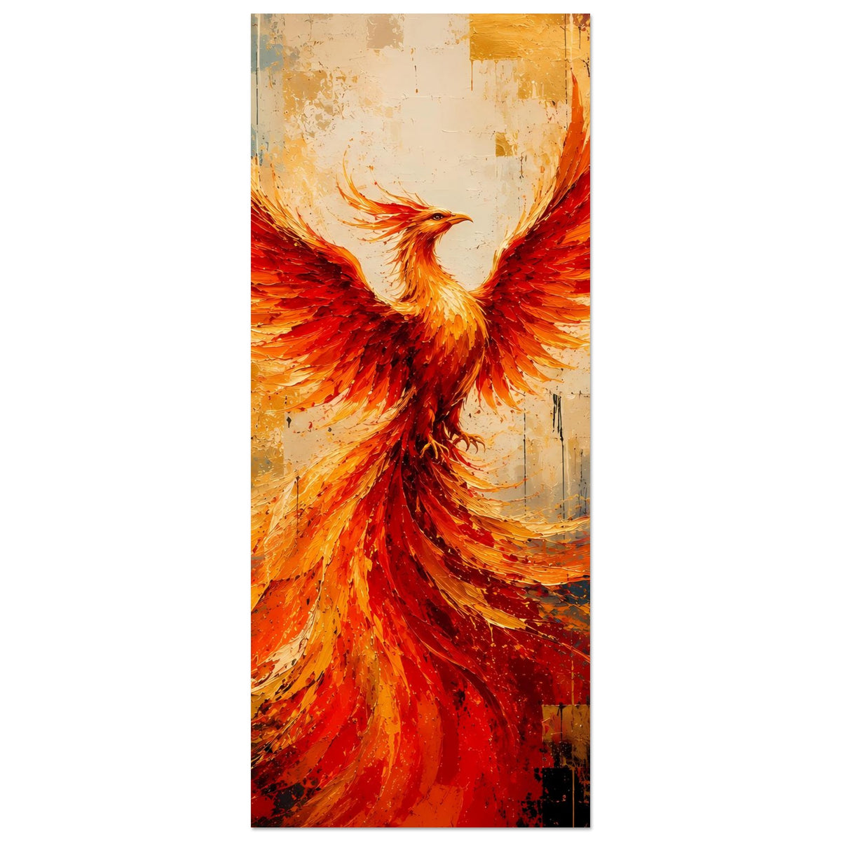 Phönix-Poster im Hochformat, feuerrote Flügel und gold-rote Farbexplosion
