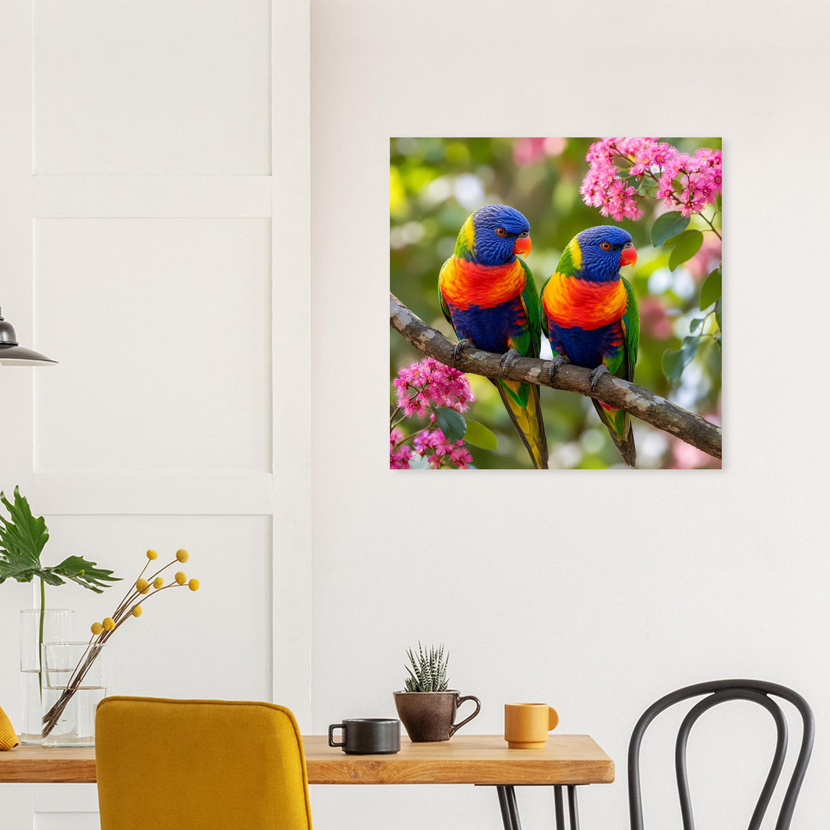 Quadratisches Poster mit zwei Regenbogen-Loris auf Ast, umgeben von pinken Blüten