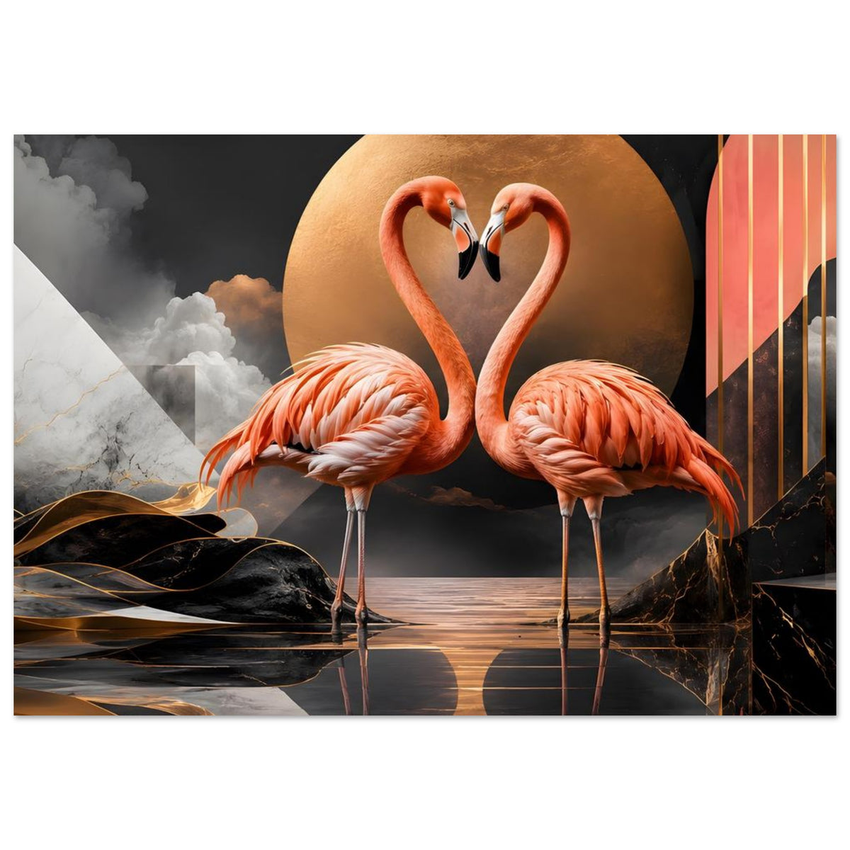 Horizontales Flamingo-Kunstposter: zwei orange Flamingos vor goldener Kreisfläche, dunkle Berge, Spiegelung