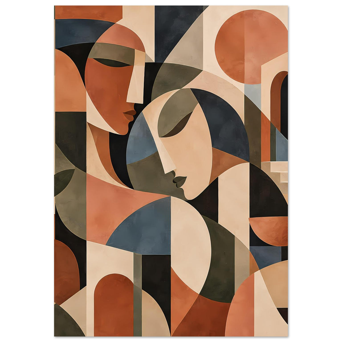Abstrakte Figuren im Poster: Gesichterprofil, ovale Formen und Vielflächen in Terrakotta