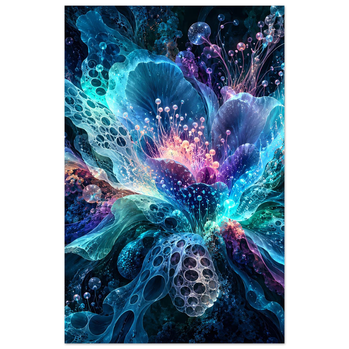 Vertikales leuchtendes Blumenposter mit abstrahierter Blüte in Blau- und Violetttönen