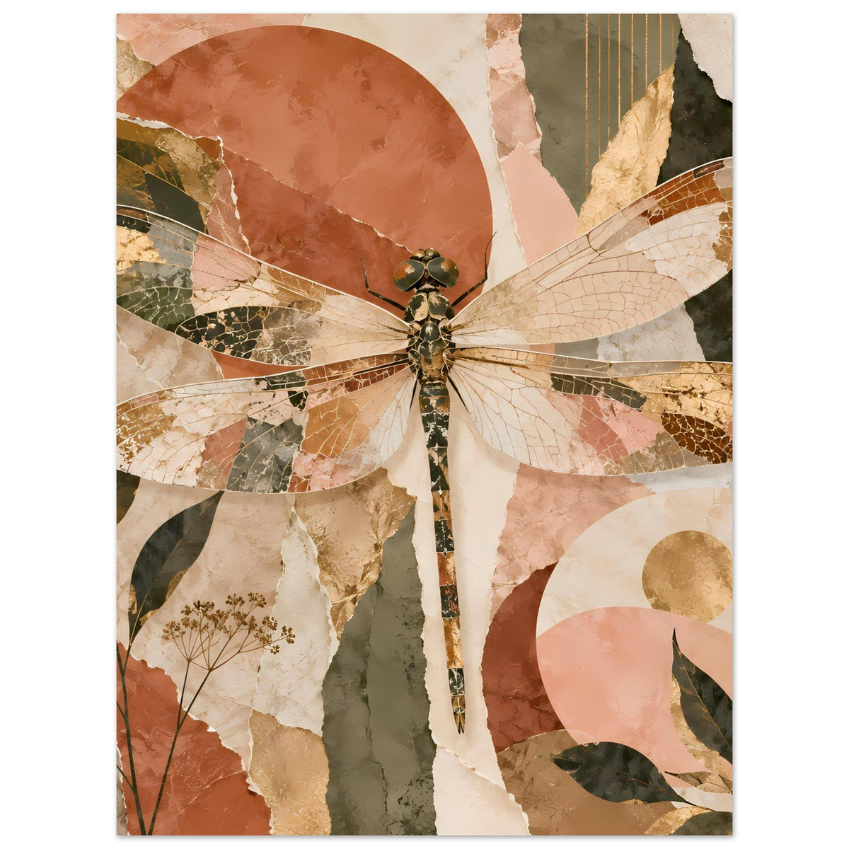 Deko-Poster mit Libelle im Boho-Stil, vertikal, abstrakte Blätter und Punkte im Hintergrund.